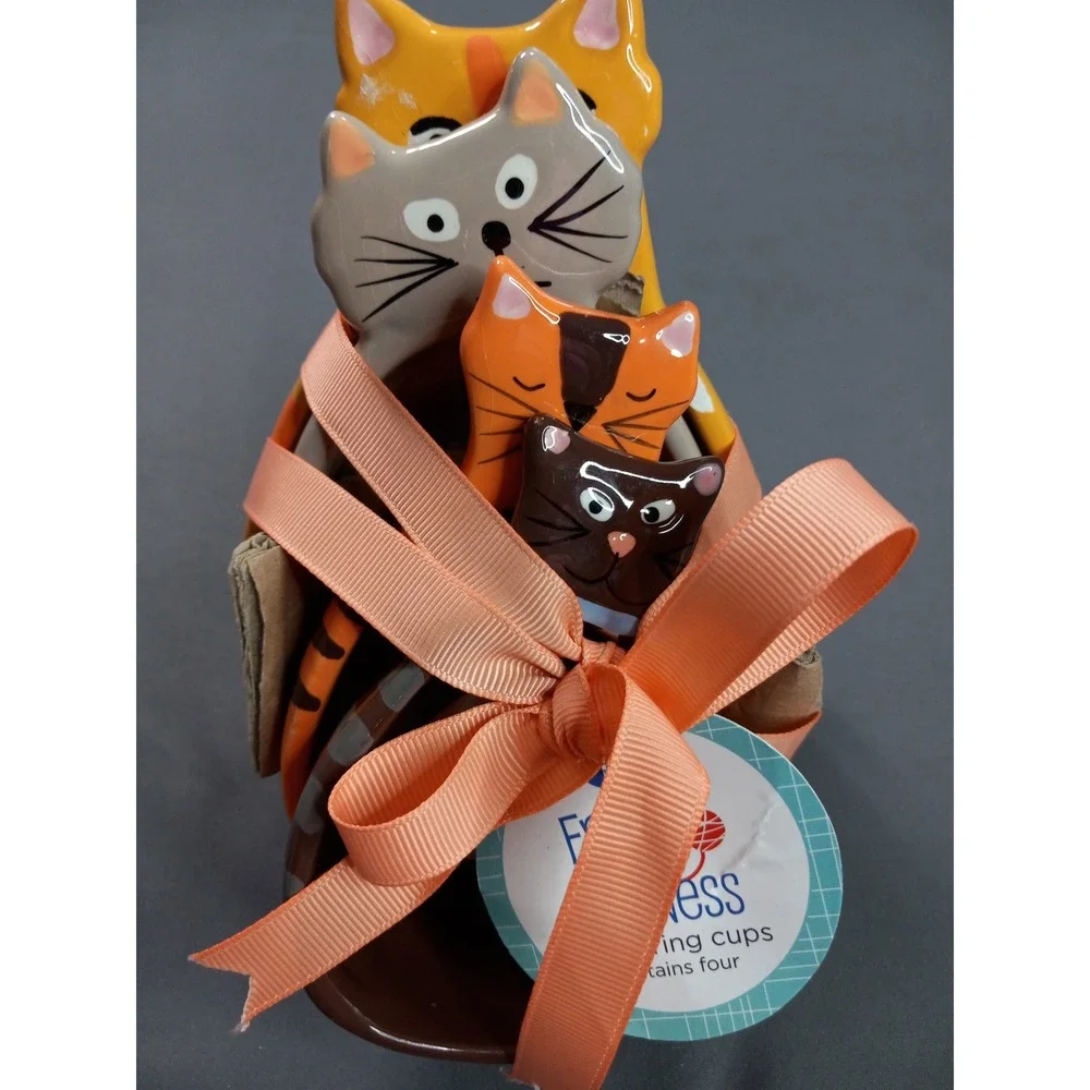 Boston Warehouse Frisky Business Cat Measuring Cups Set of 4 Ceramic Orange Grey
